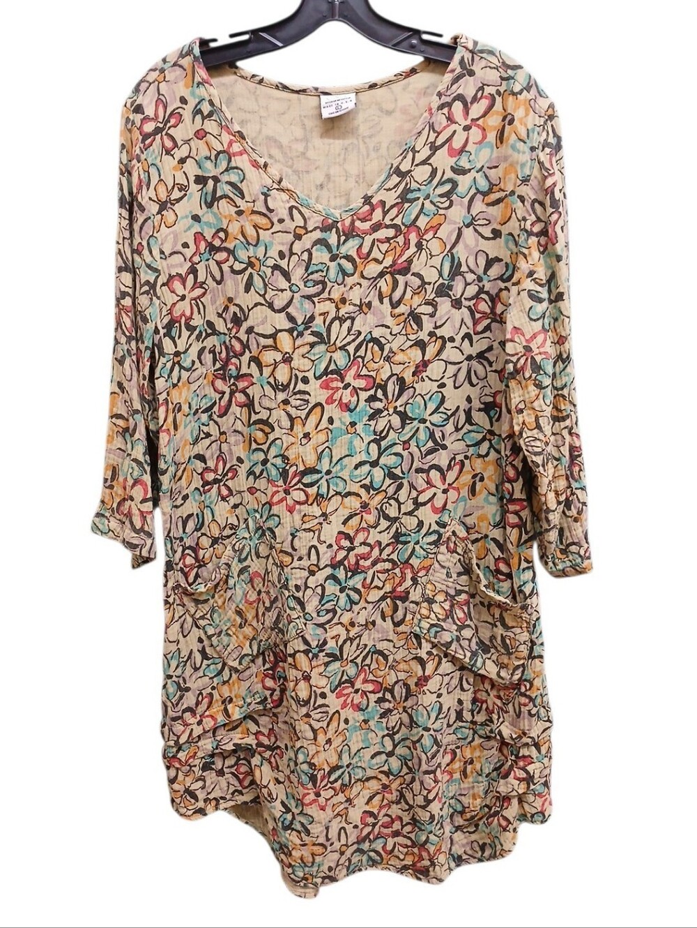 CMC Beige Floral V-Neck Long Sleeve Dress with Pockets Size Large